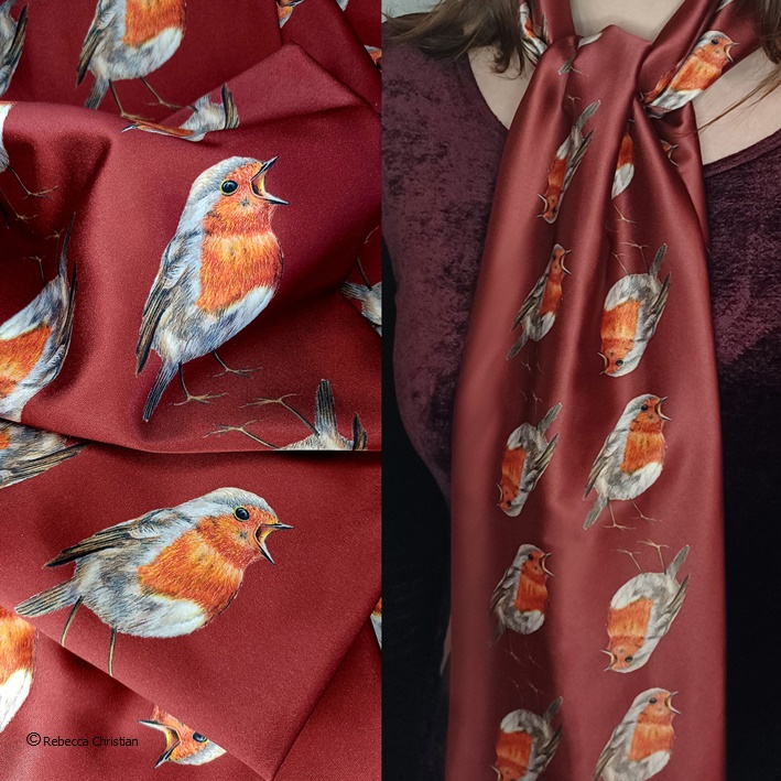 Satin Robin Scarf Created from Original Watercolour Art - Made in the UK