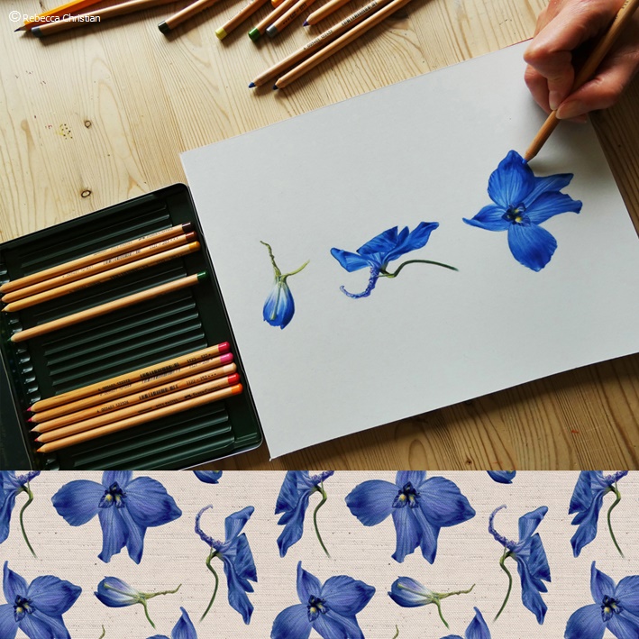 New Range Delphinium Larkspur created from pastel pencils - Linen Fabric in picture